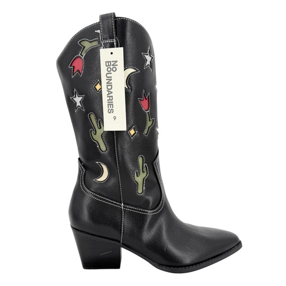 No Boundaries Shoes - No Boundaries Women's Novelty Cowgirl Black Boots 9 Cactus Moon/Star Flower NWOT